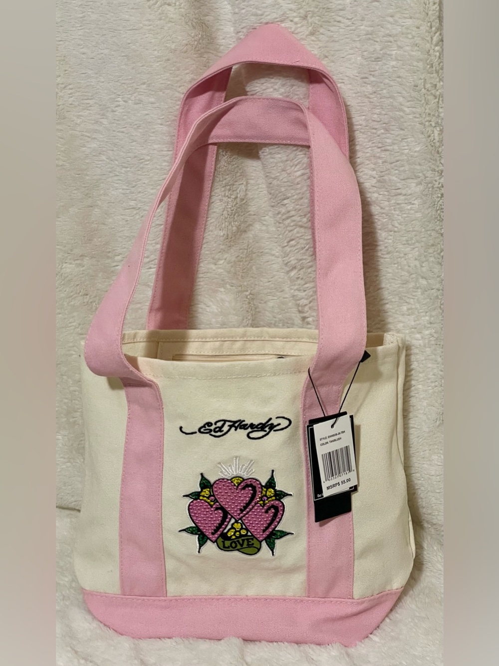 Ed Hardy Cream Canvas Tote with Pink Handles and Heart Embroidery
